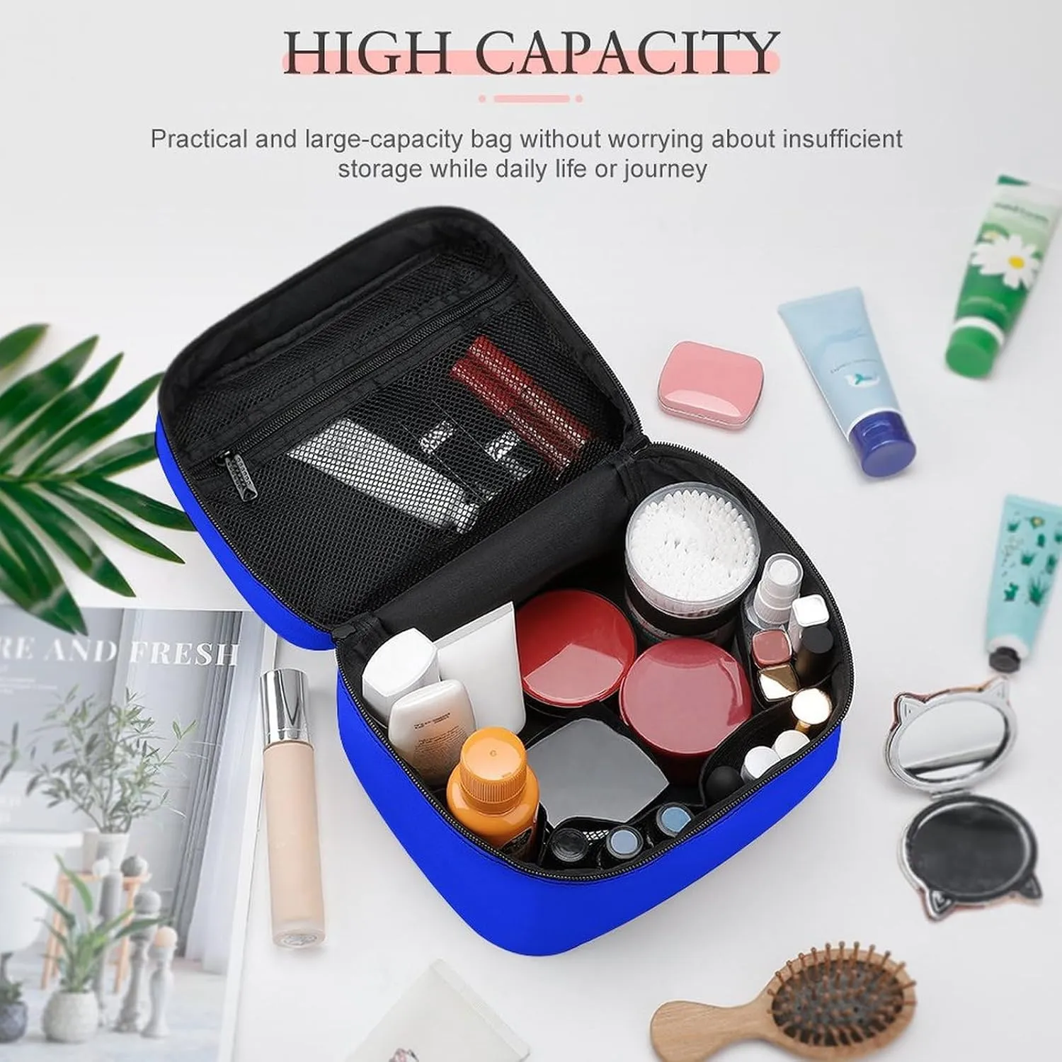 Bright Blue Cosmetic Bag, Travel Portable Makeup Bag for Purse Pouch Beauty Zipper Organizer Toiletry Bag for Women