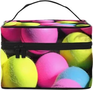 Bright Pink Tennis Balls Print Portable Travel Makeup Case Versatile Zipper for Makeup Bag Large Capacity Polyeste