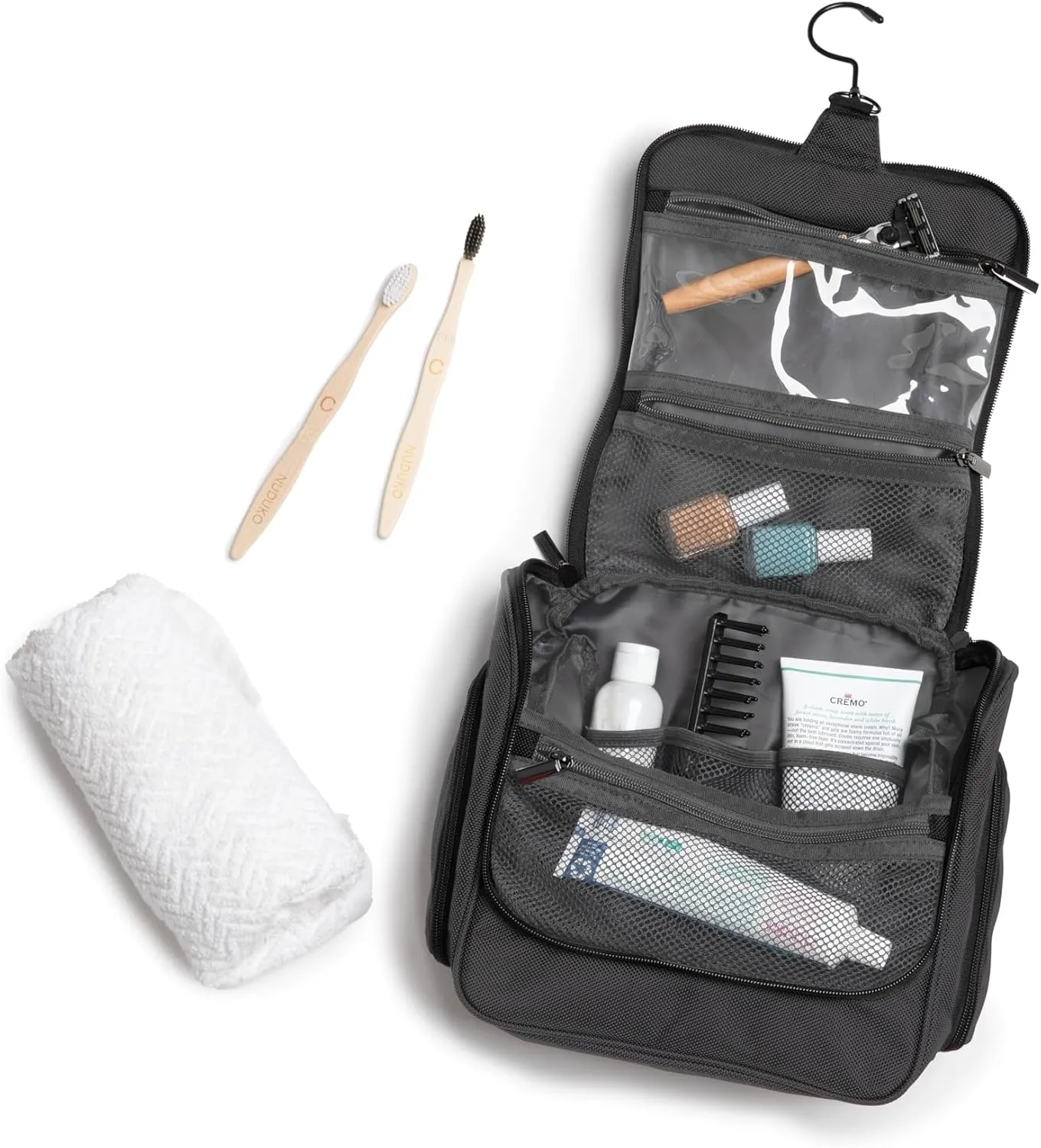 Brookstone Travel Toiletries Bag with Hanging Hook - Large Multi Functional Carrying Toiletry Pouch for Vacations, Airplanes, Trains, Buses, and Cars, Dark Grey