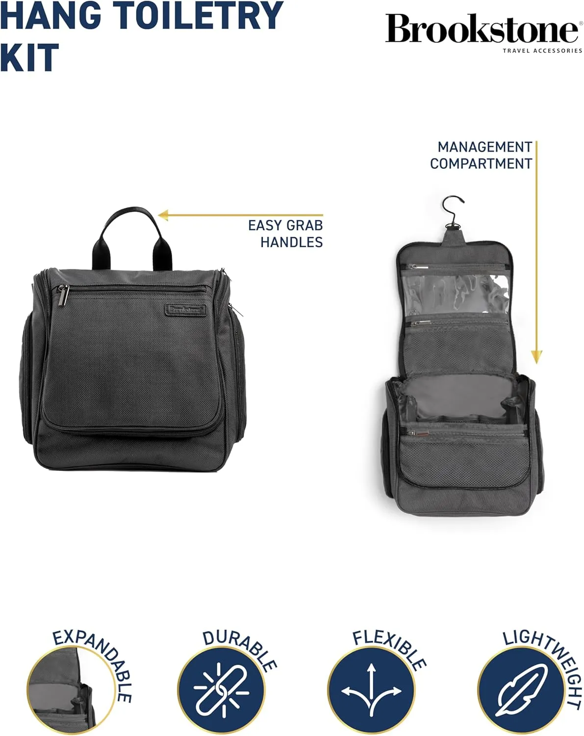 Brookstone Travel Toiletries Bag with Hanging Hook - Large Multi Functional Carrying Toiletry Pouch for Vacations, Airplanes, Trains, Buses, and Cars, Dark Grey