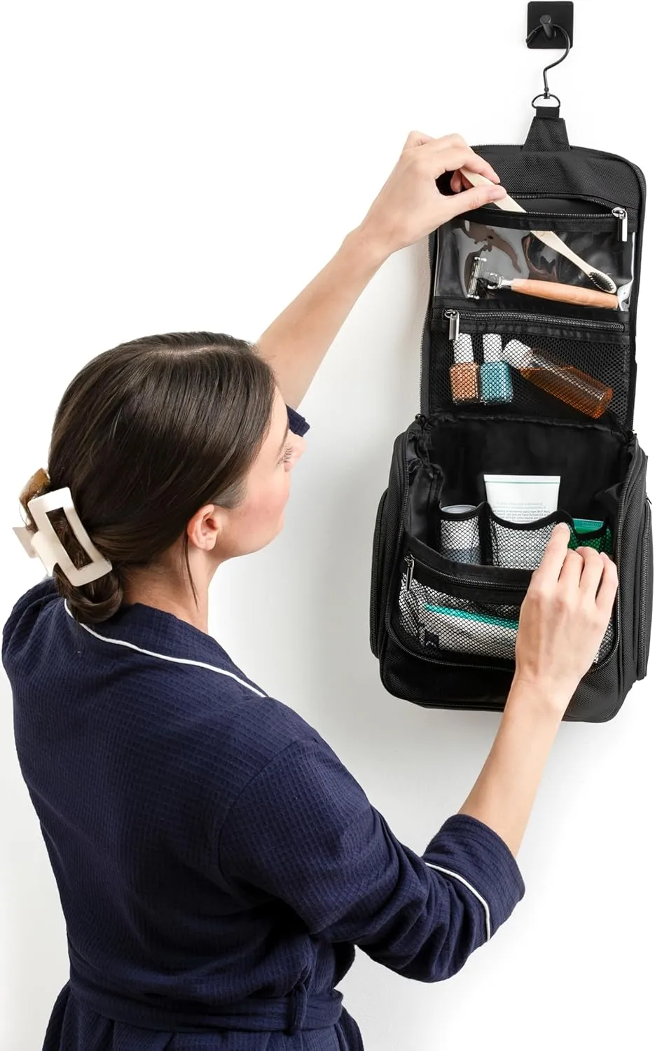 Brookstone Travel Toiletries Bag with Hanging Hook - Large Multi Functional Carrying Toiletry Pouch for Vacations, Airplanes, Trains, Buses, and Cars, Dark Grey