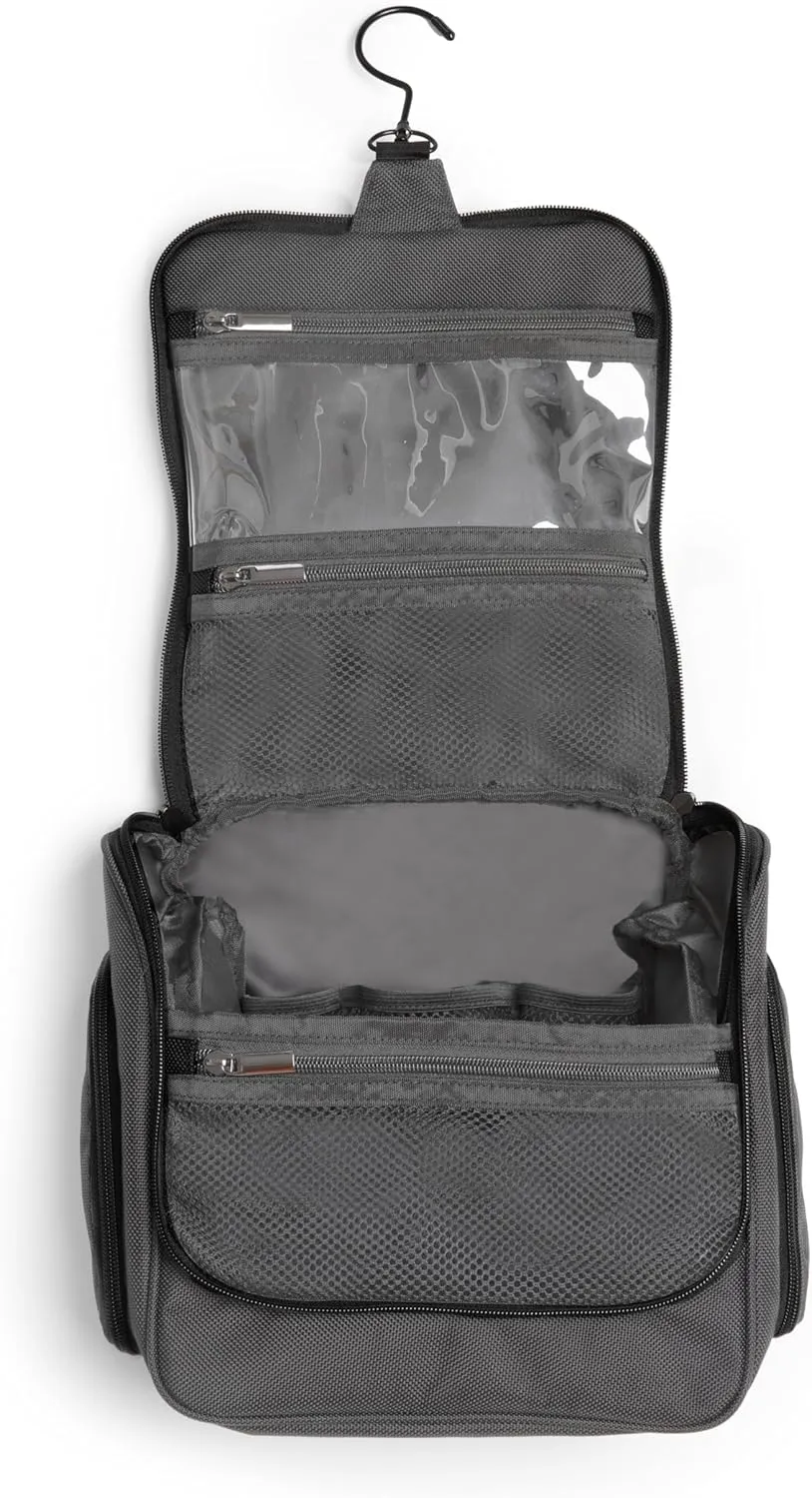 Brookstone Travel Toiletries Bag with Hanging Hook - Large Multi Functional Carrying Toiletry Pouch for Vacations, Airplanes, Trains, Buses, and Cars, Dark Grey
