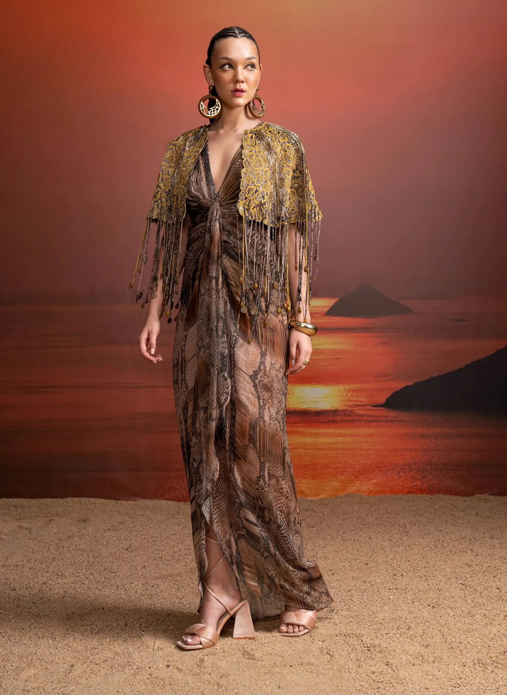 Brown python print draped dress and cape