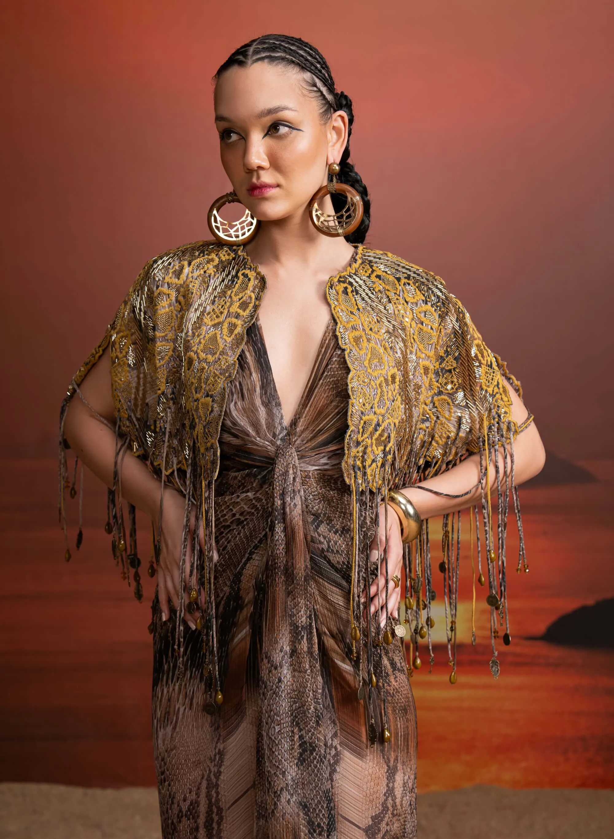 Brown python print draped dress and cape