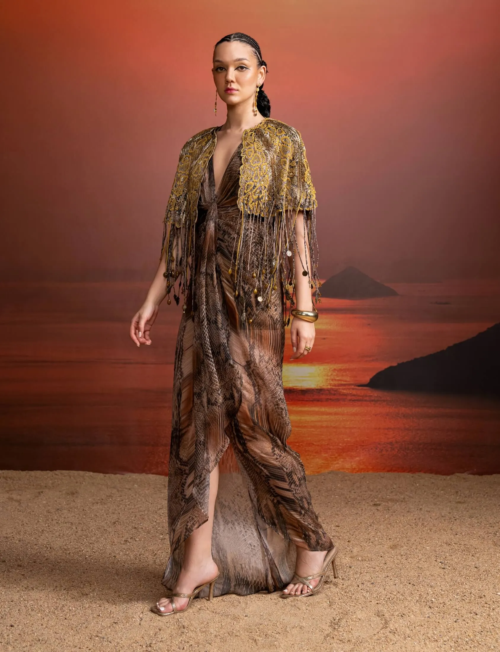 Brown python print draped dress and cape