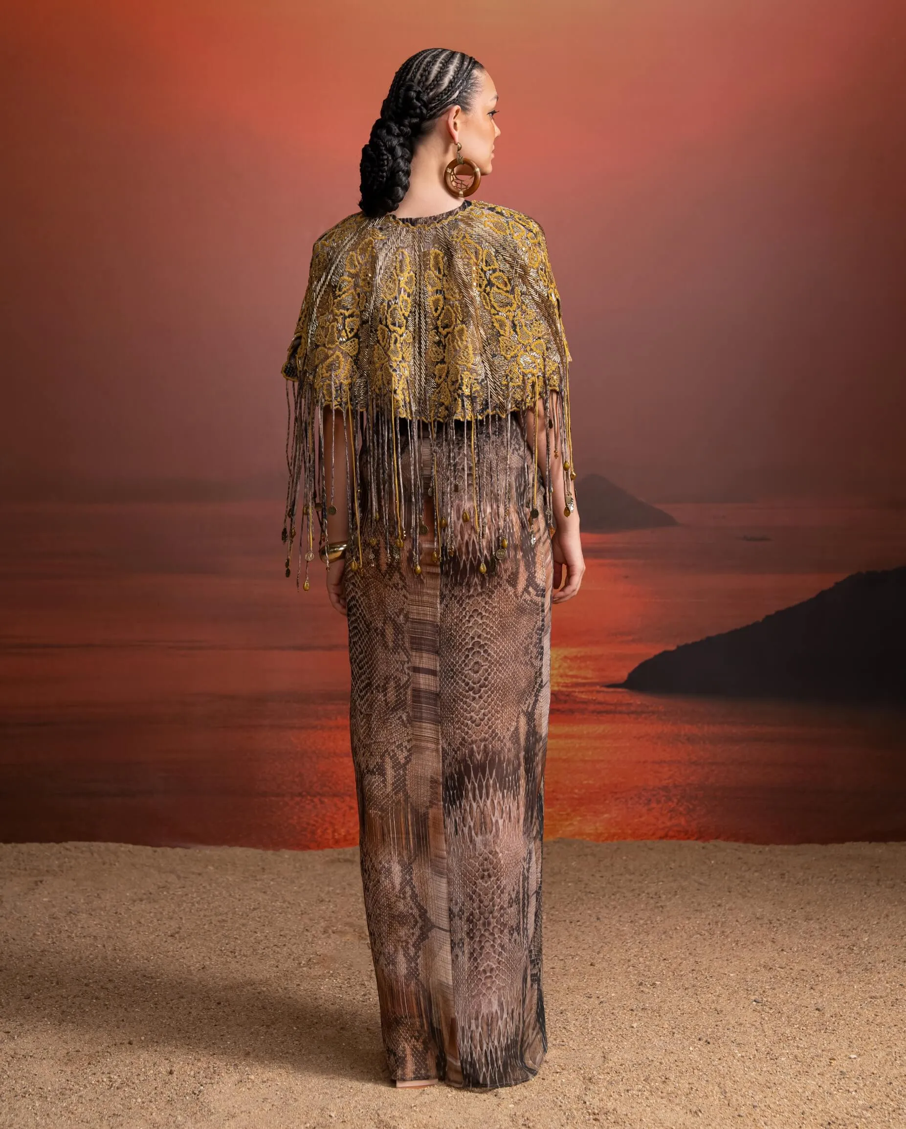 Brown python print draped dress and cape