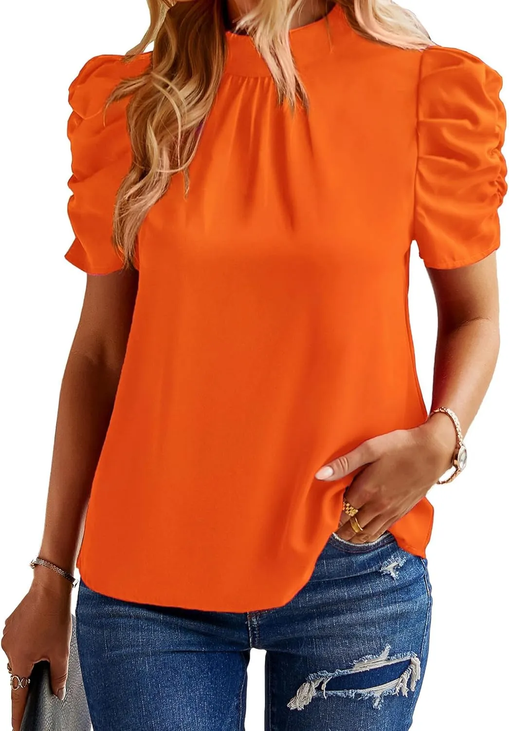 BTFBM Women's Summer Boho Shirt Top Ruffle Short Sleeve Frill Trim Mock Neck Floral Solid 2025 Casual Blouses Shirts Tops
