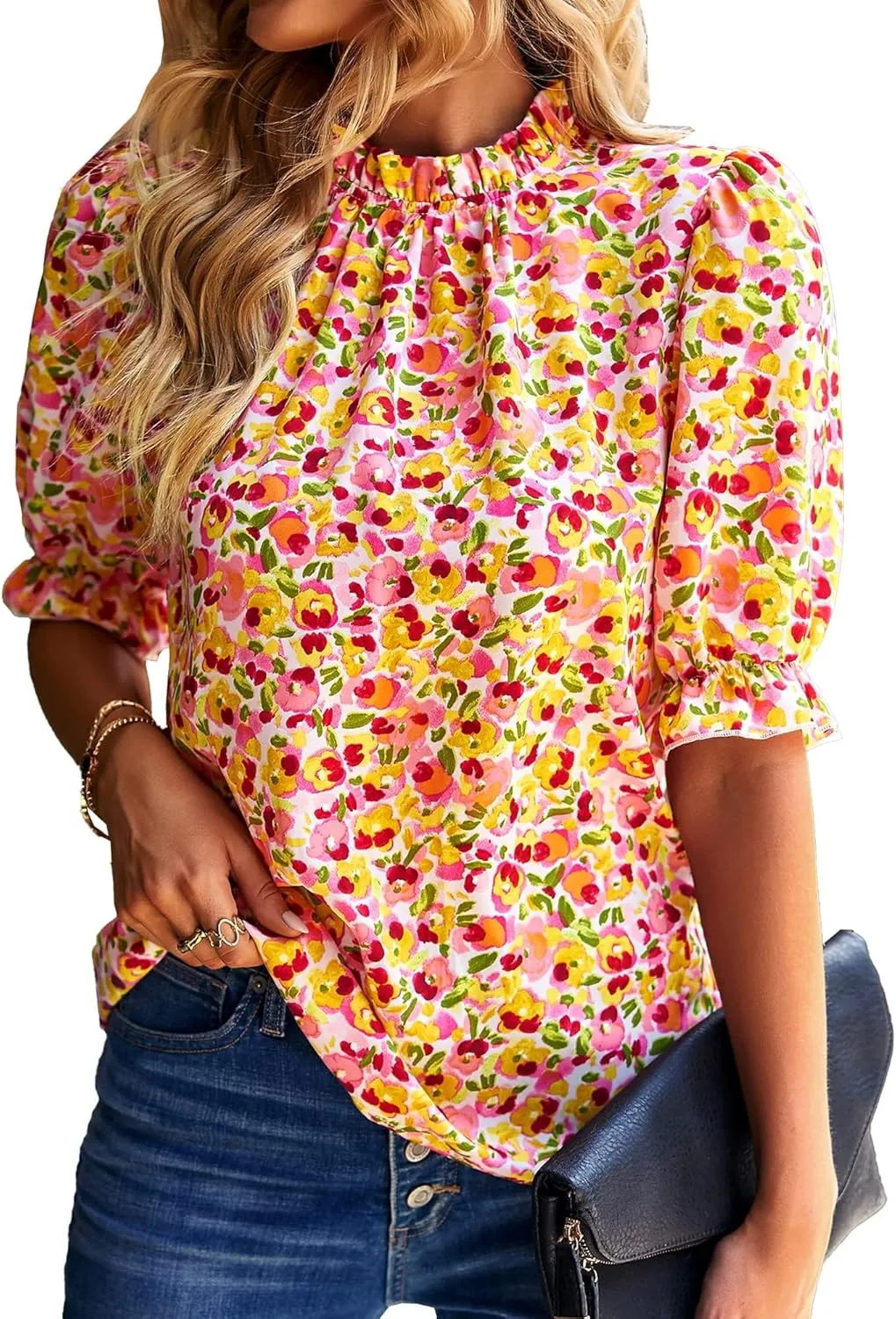 BTFBM Women's Summer Boho Shirt Top Ruffle Short Sleeve Frill Trim Mock Neck Floral Solid 2025 Casual Blouses Shirts Tops