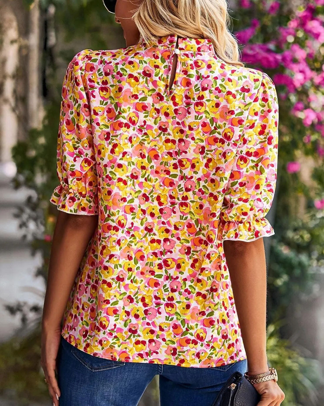 BTFBM Women's Summer Boho Shirt Top Ruffle Short Sleeve Frill Trim Mock Neck Floral Solid 2025 Casual Blouses Shirts Tops