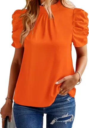 BTFBM Women's Summer Boho Shirt Top Ruffle Short Sleeve Frill Trim Mock Neck Floral Solid 2025 Casual Blouses Shirts Tops