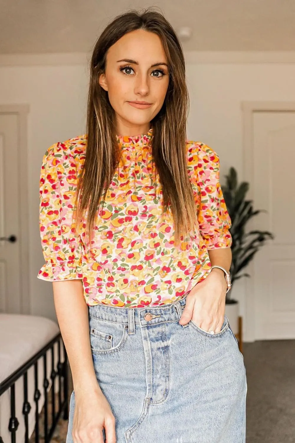 BTFBM Women's Summer Boho Shirt Top Ruffle Short Sleeve Frill Trim Mock Neck Floral Solid 2025 Casual Blouses Shirts Tops