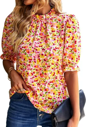 BTFBM Women's Summer Boho Shirt Top Ruffle Short Sleeve Frill Trim Mock Neck Floral Solid 2025 Casual Blouses Shirts Tops