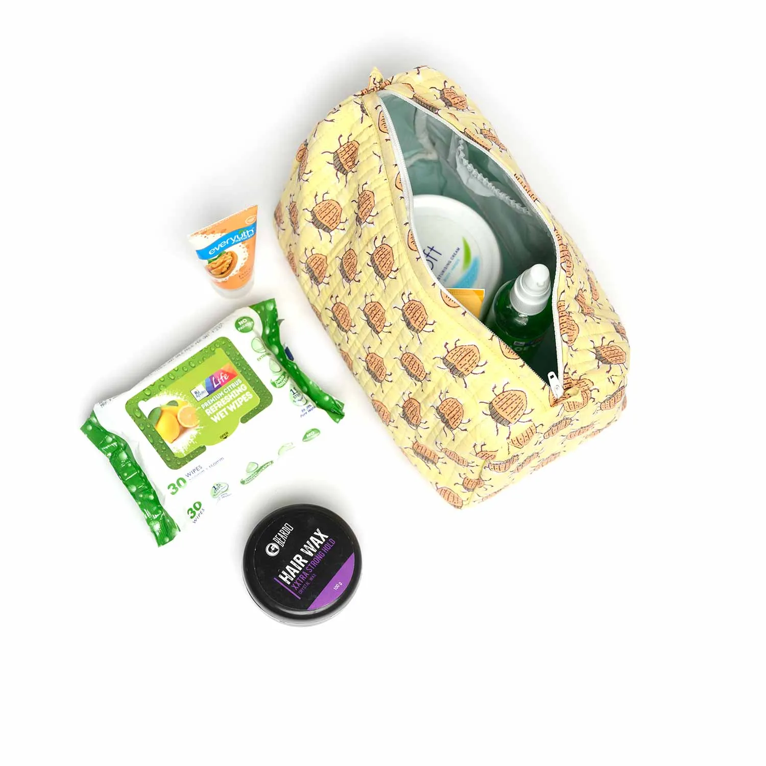 BUG HAND BLOCK PRINTED QUILTED TOILETRY POUCH