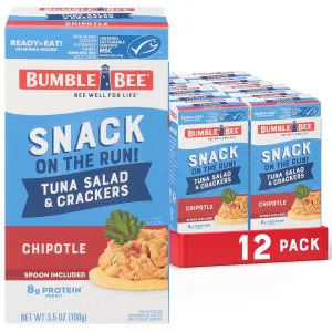 Bumble Bee Snack On The Run Chipotle Tuna Salad with Crackers Kit, Ready to Eat Spoon Included Wild Caught Tuna Shelf Stable & Convenient Protein Snack- 3.5 Oz (Pack of 12)