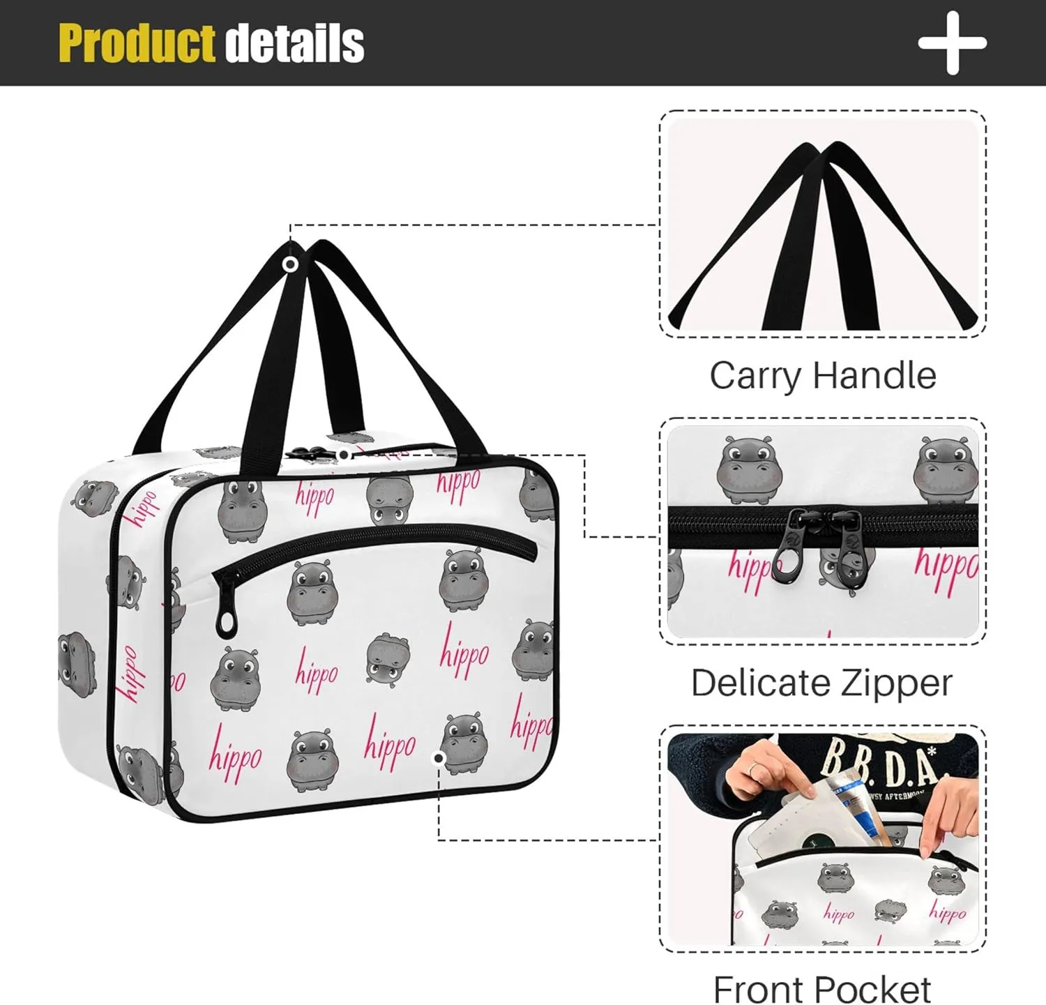 Burbuja Gray Hippos Hanging Travel Toiletry Bag with Hook, Waterproof Toiletry Bag Cosmetic Organizer for Toiletries Bathroom for Women, L