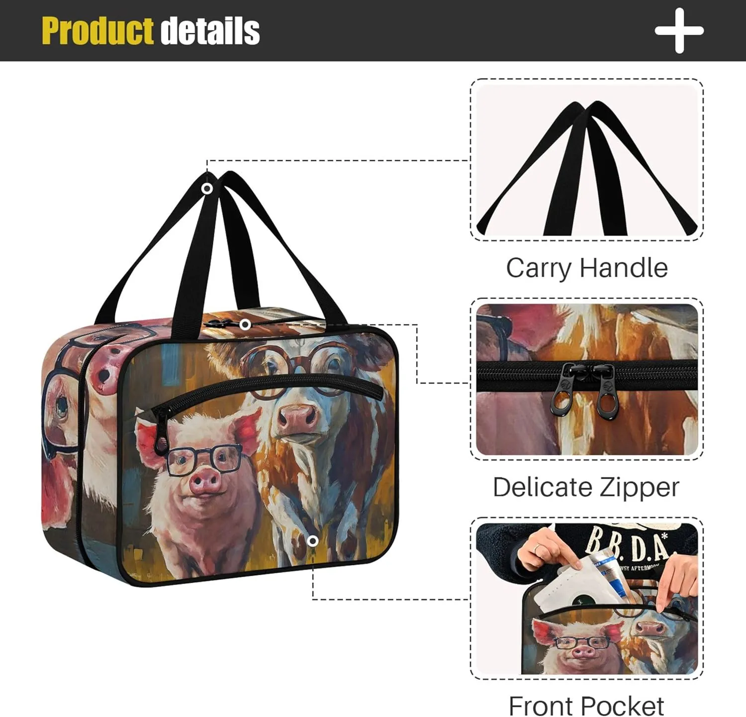 Burbuja Pig Cow in Glasses Travel Toiletry Bag for Women, Hanging Waterproof Toiletry Bag Cosmetic Organizer for Toiletries Accessories, M