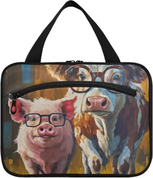 Burbuja Pig Cow in Glasses Travel Toiletry Bag for Women, Hanging Waterproof Toiletry Bag Cosmetic Organizer for Toiletries Accessories, M
