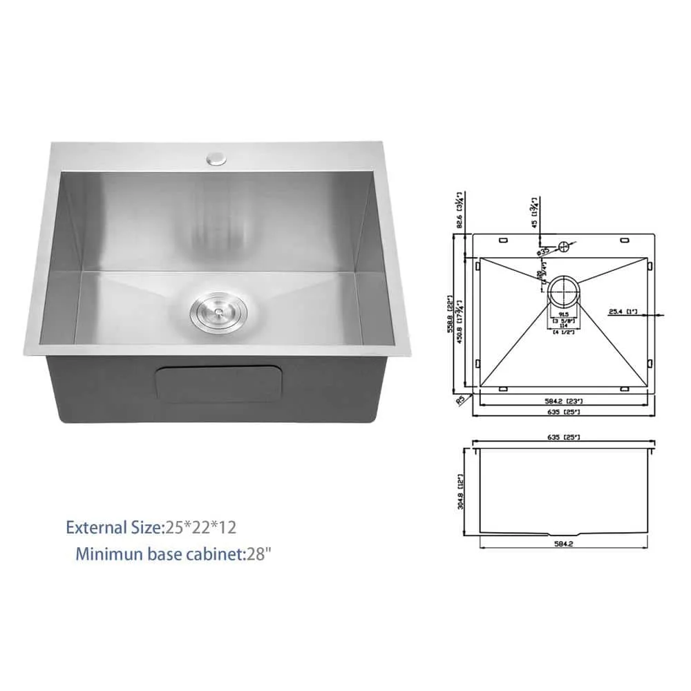 cadeninc 25 x 22 x 12 Inch Single Bowl Drop-In Utility Sink
