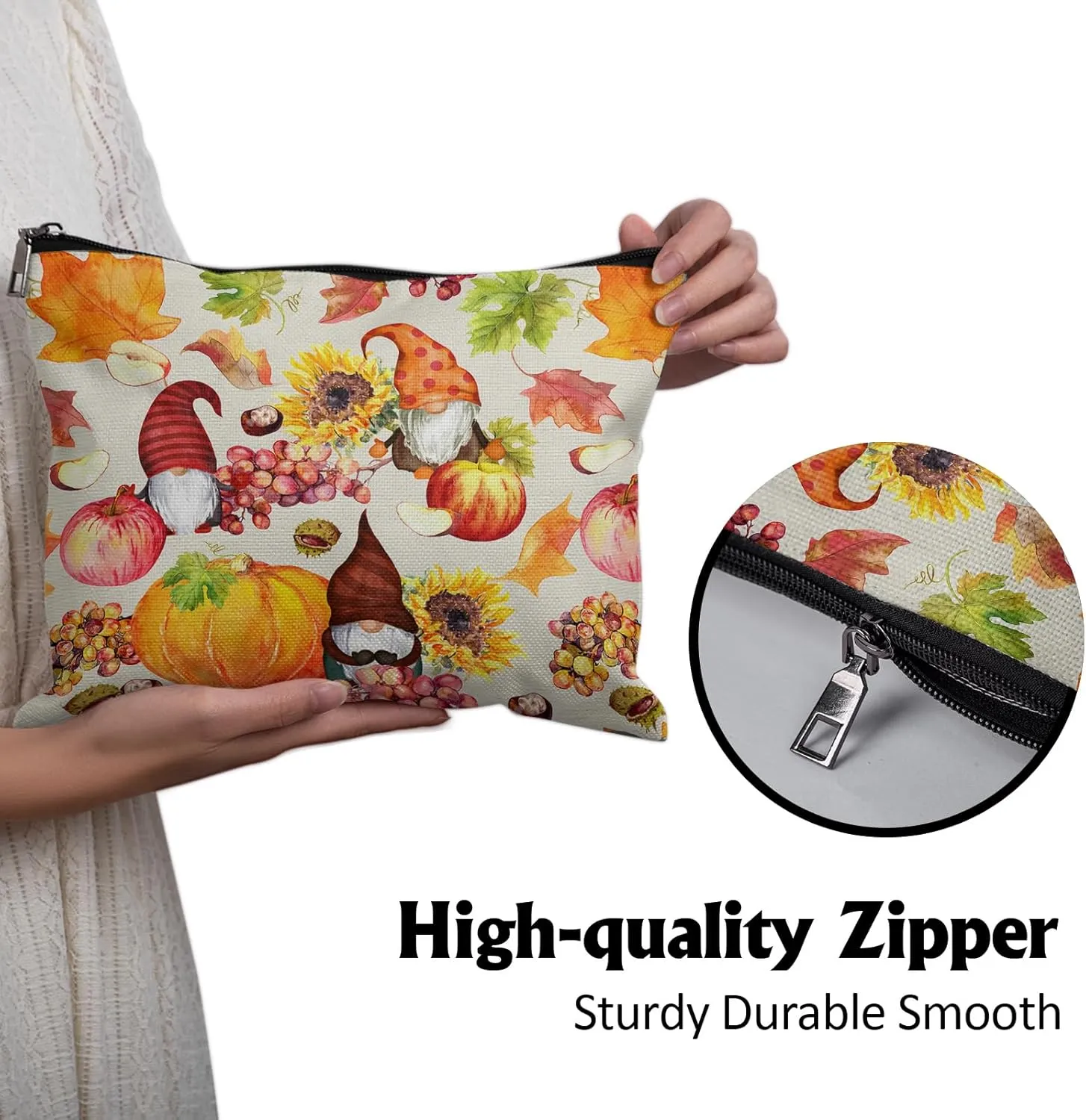 Cafl Autumn Gnomes Makeup Bag Travel Large Fall Pumpkin Cosmetic Bag Organizer toiletry Essentials Jewelry Zipper Bag Gift For Women -10×8 inch