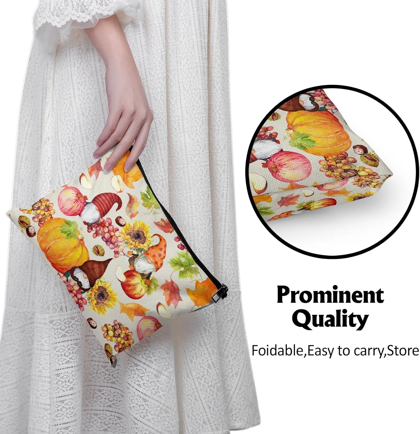 Cafl Autumn Gnomes Makeup Bag Travel Large Fall Pumpkin Cosmetic Bag Organizer toiletry Essentials Jewelry Zipper Bag Gift For Women -10×8 inch