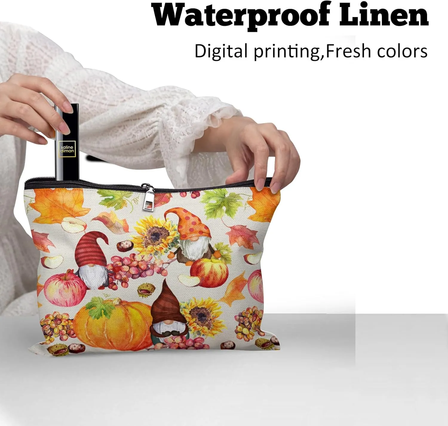 Cafl Autumn Gnomes Makeup Bag Travel Large Fall Pumpkin Cosmetic Bag Organizer toiletry Essentials Jewelry Zipper Bag Gift For Women -10×8 inch