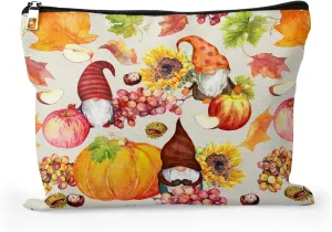 Cafl Autumn Gnomes Makeup Bag Travel Large Fall Pumpkin Cosmetic Bag Organizer toiletry Essentials Jewelry Zipper Bag Gift For Women -10×8 inch