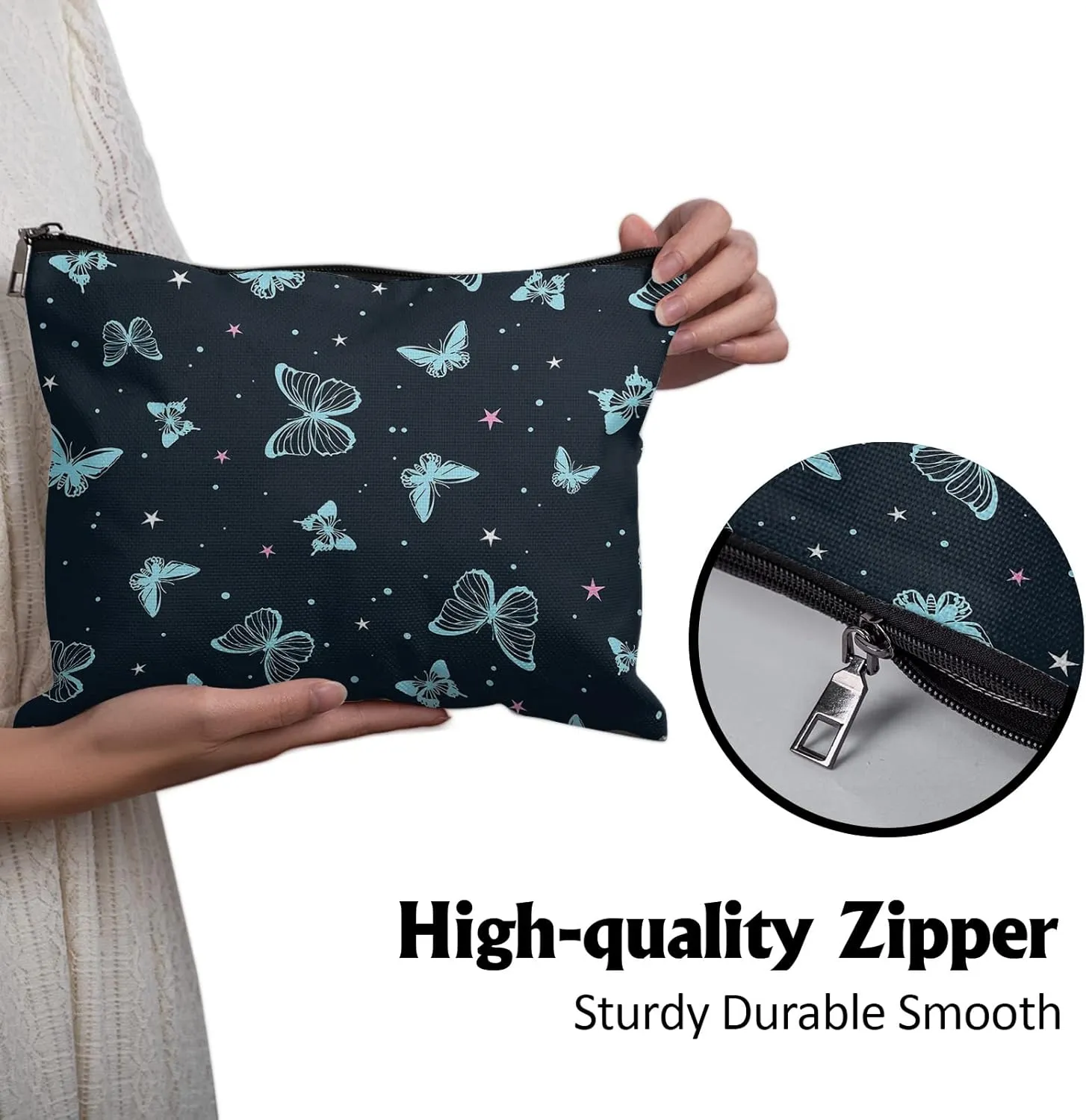 Cafl Beautiful Butterfly Makeup Bag Cute Butterfly Zipper Pouch Cosmetic Pouch Large Travel Linen Make Up Organizer for Purse for Girls Women 10×8Inch