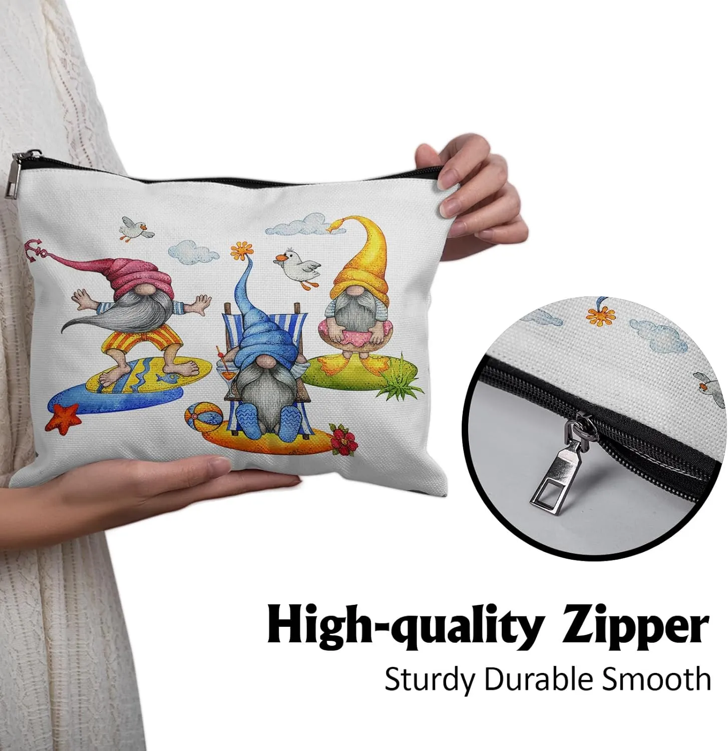 Cafl Cute Beach Gnomes Makeup Bag Cartoon Summer Gnomes Cosmetic Bag for Women Large Capacity Make Up Bag Portable Travel Toiletry Pouch Organizer 10 * 8inch
