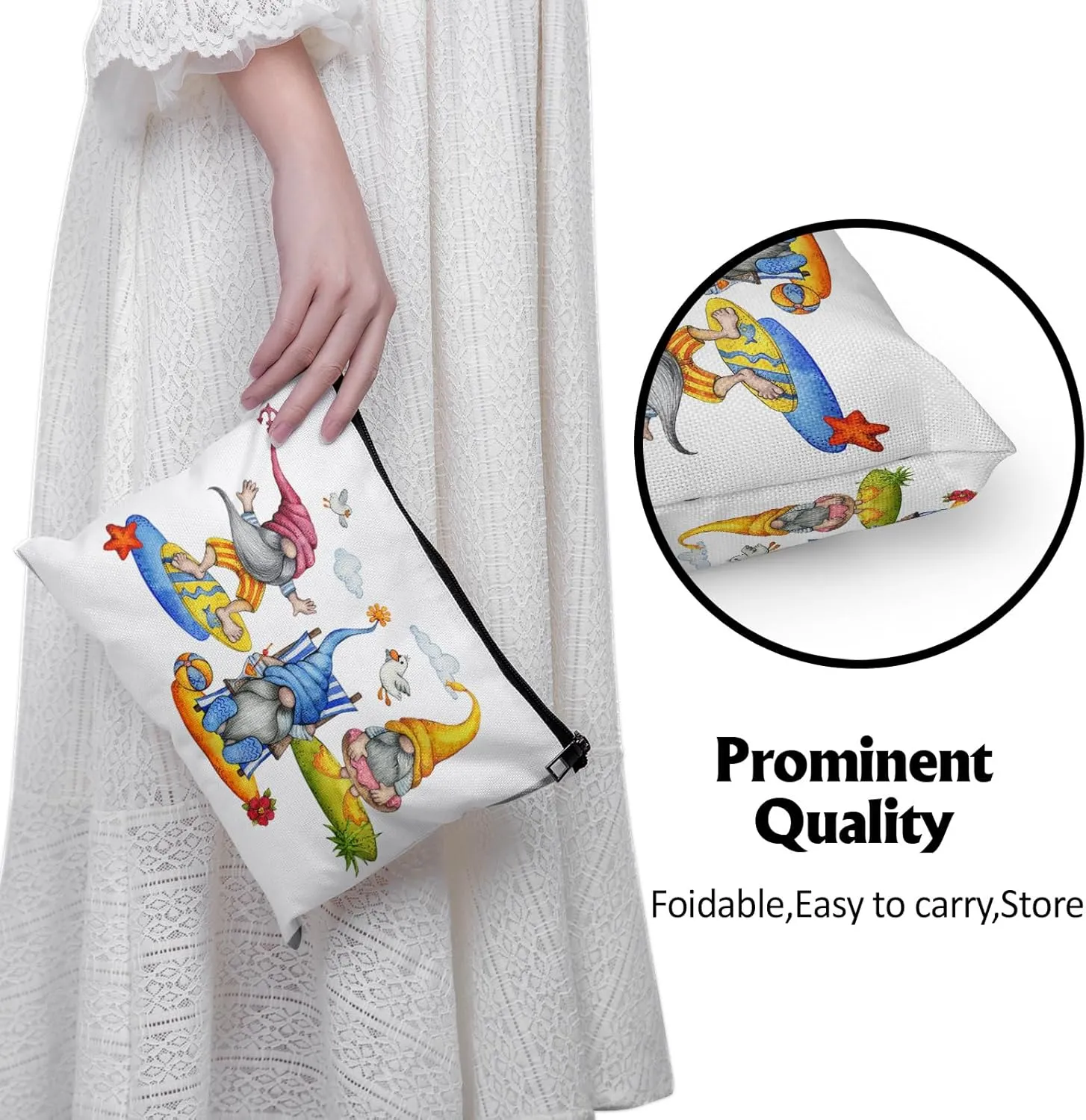 Cafl Cute Beach Gnomes Makeup Bag Cartoon Summer Gnomes Cosmetic Bag for Women Large Capacity Make Up Bag Portable Travel Toiletry Pouch Organizer 10 * 8inch