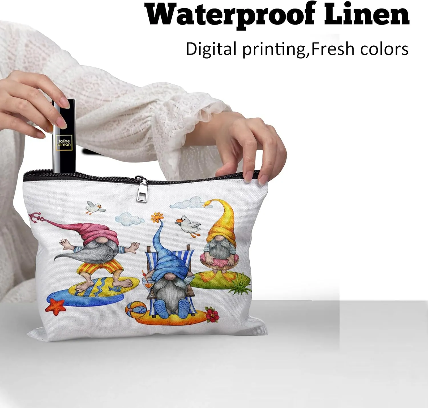 Cafl Cute Beach Gnomes Makeup Bag Cartoon Summer Gnomes Cosmetic Bag for Women Large Capacity Make Up Bag Portable Travel Toiletry Pouch Organizer 10 * 8inch