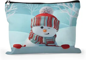 Cafl Cute Snowman Makeup Bag Winter Landscape Cosmetic Bag Zipper Cosmetic Pouch Large Travel Linen Make Up Organizer for Purse for Women