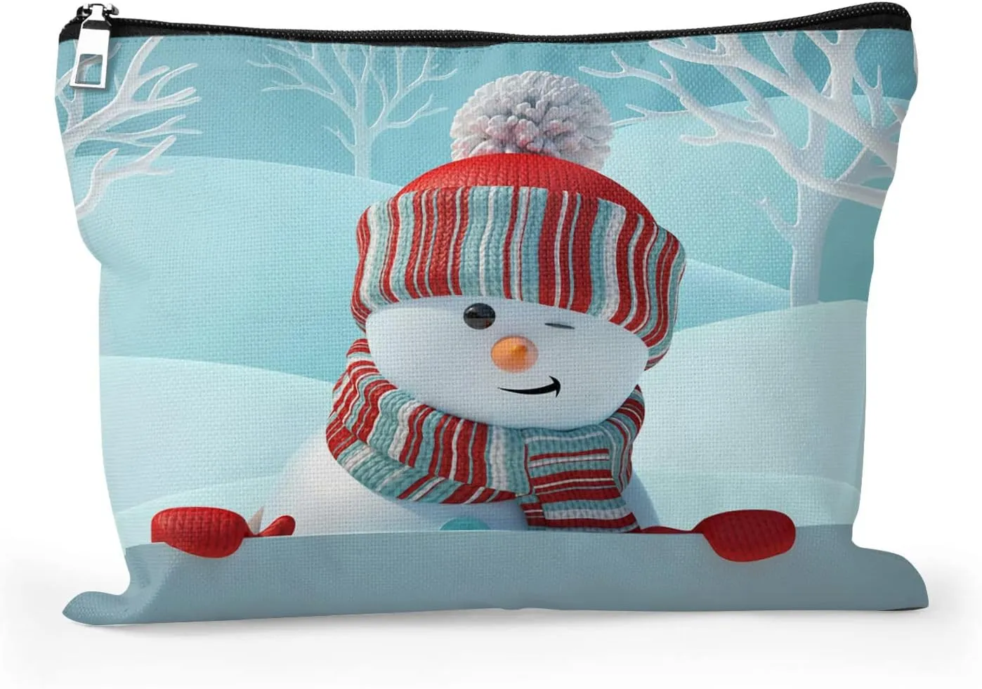Cafl Cute Snowman Makeup Bag Winter Landscape Cosmetic Bag Zipper Cosmetic Pouch Large Travel Linen Make Up Organizer for Purse for Women