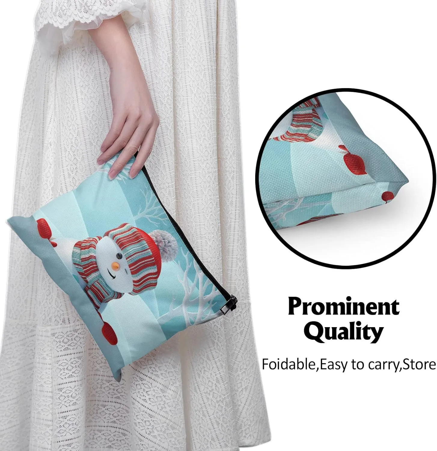 Cafl Cute Snowman Makeup Bag Winter Landscape Cosmetic Bag Zipper Cosmetic Pouch Large Travel Linen Make Up Organizer for Purse for Women