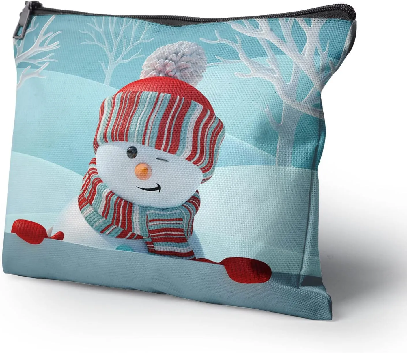 Cafl Cute Snowman Makeup Bag Winter Landscape Cosmetic Bag Zipper Cosmetic Pouch Large Travel Linen Make Up Organizer for Purse for Women
