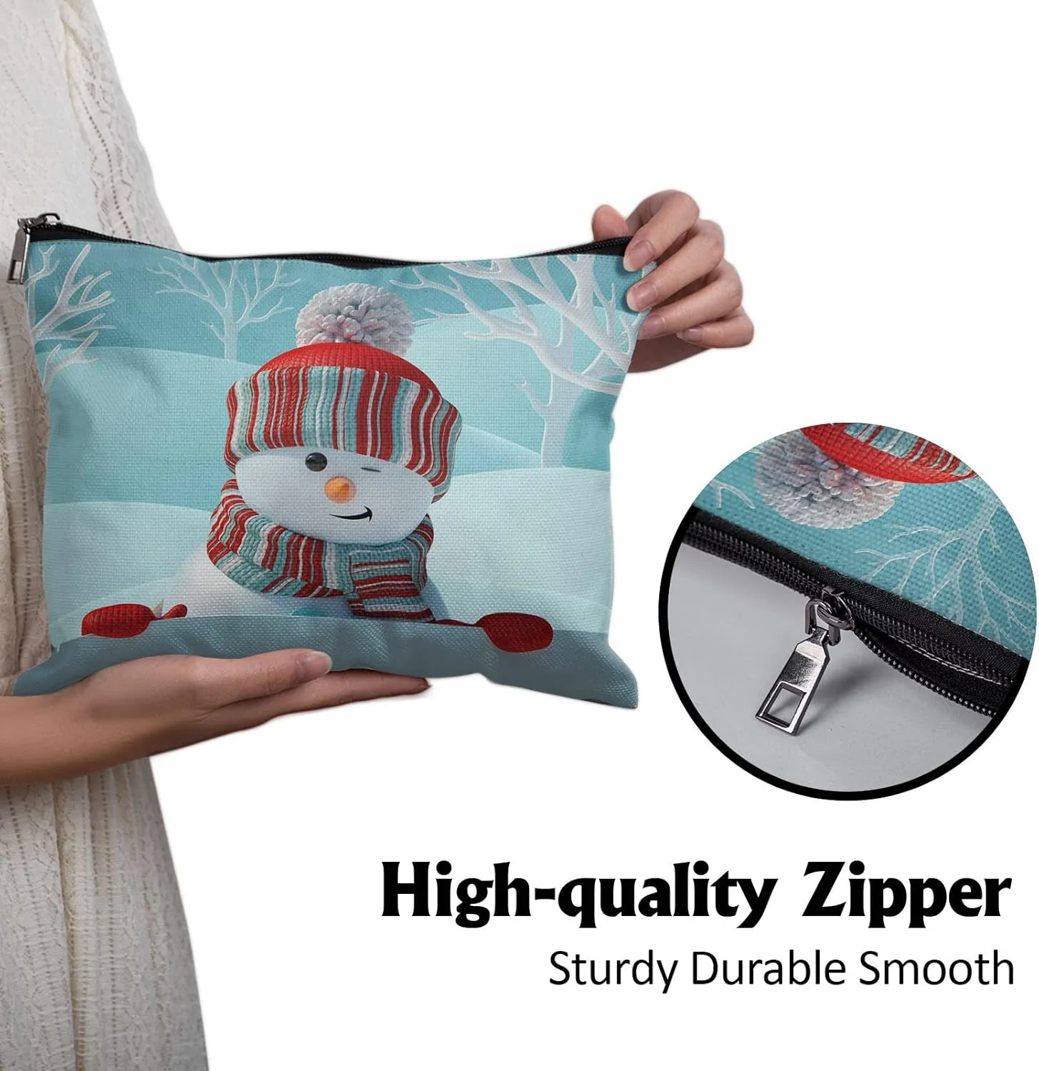 Cafl Cute Snowman Makeup Bag Winter Landscape Cosmetic Bag Zipper Cosmetic Pouch Large Travel Linen Make Up Organizer for Purse for Women