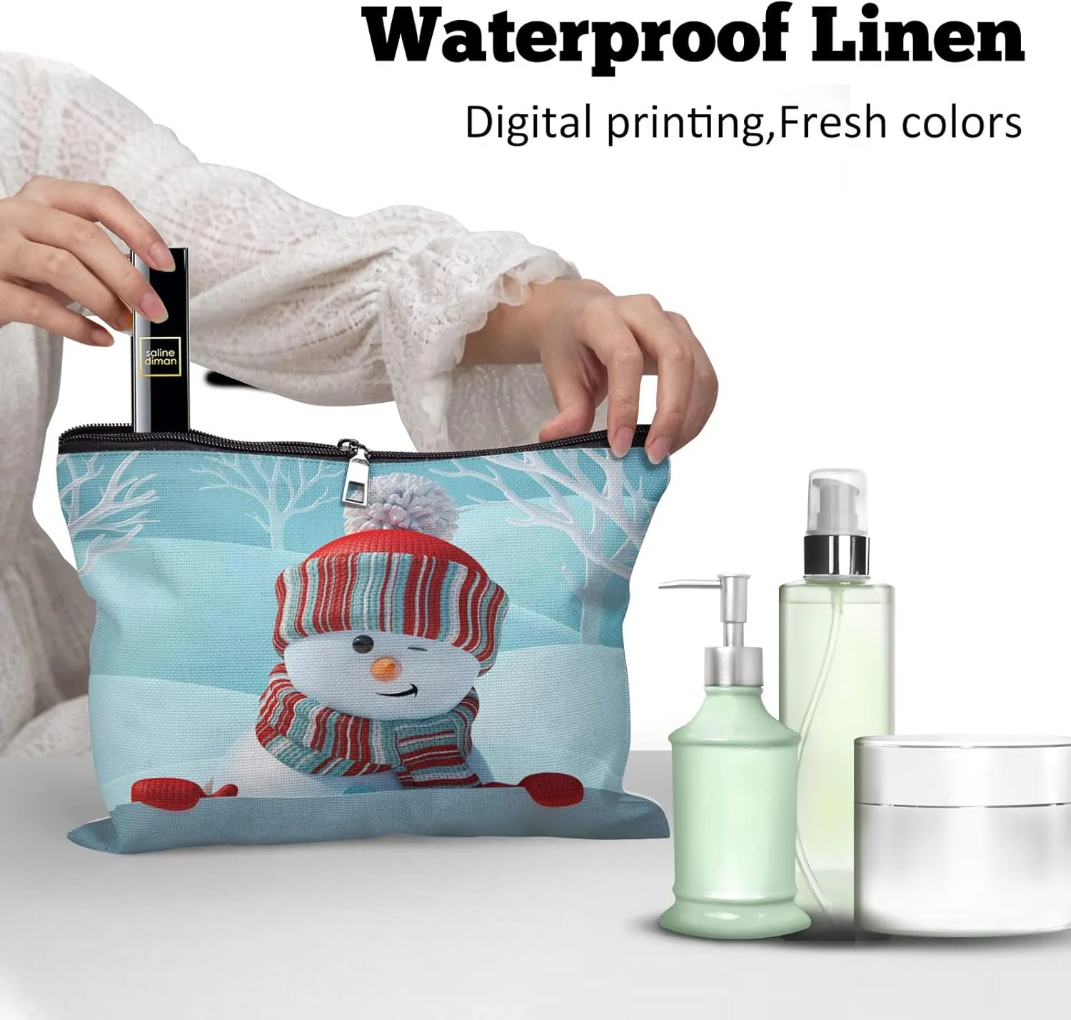 Cafl Cute Snowman Makeup Bag Winter Landscape Cosmetic Bag Zipper Cosmetic Pouch Large Travel Linen Make Up Organizer for Purse for Women