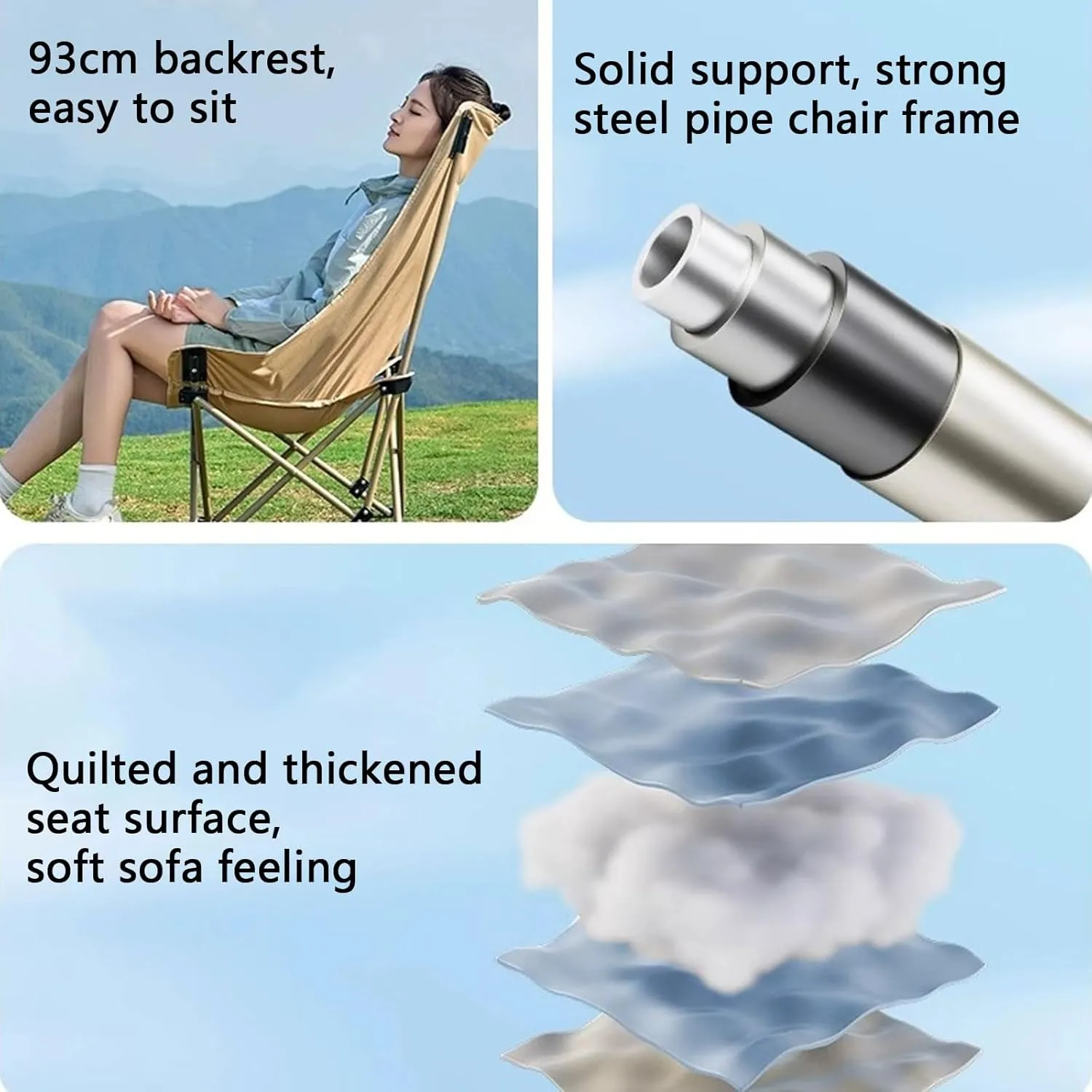 Camping Chair with headrest Comfy Extra Wide Outdoor Chairs for Fishing Hiking Picnic Beach Supports 220 LBS-Black