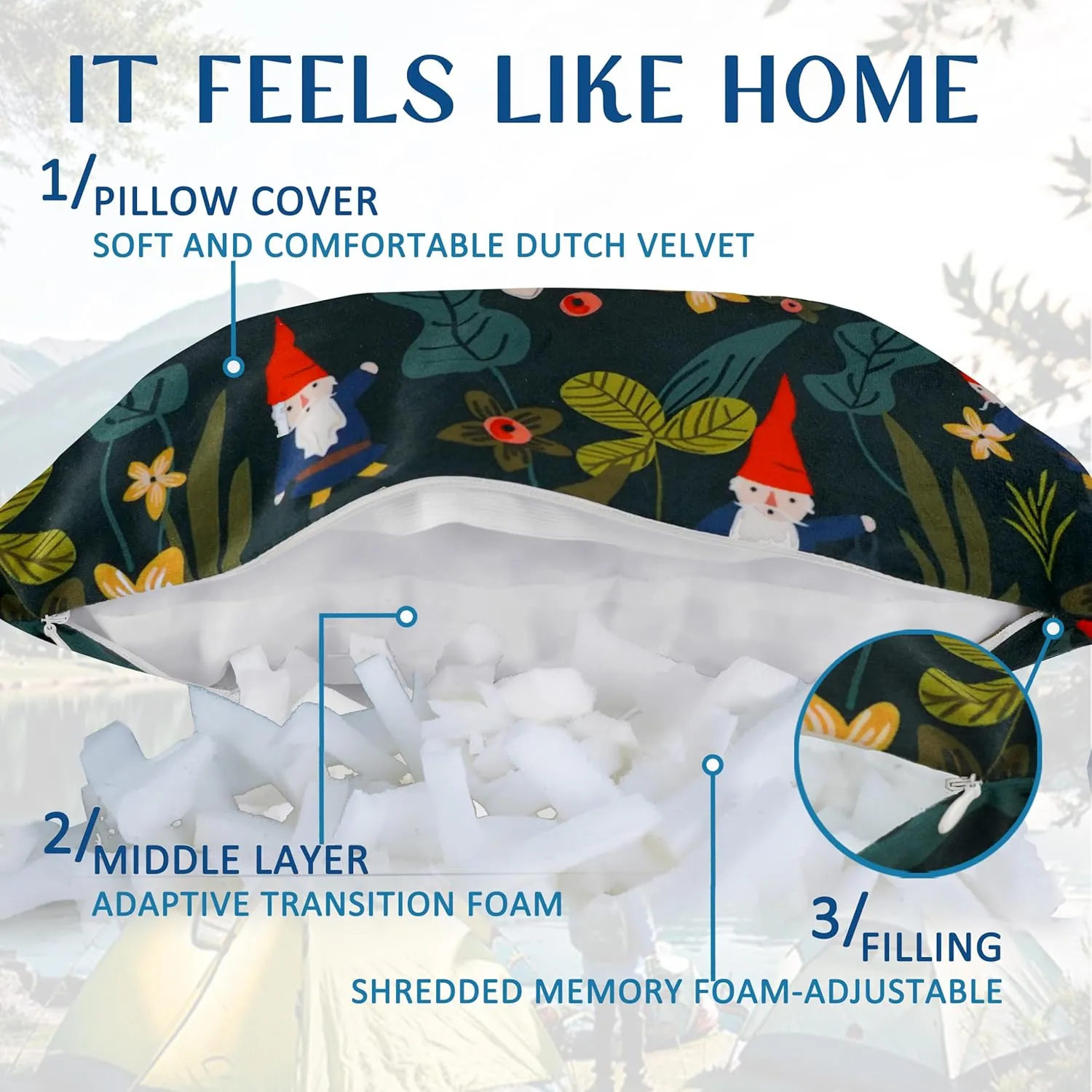 Camping Pillow Shredded Memory Foam Travel Pillows for Sleeping Compressible Lightweight Camp Pillow Washable Backpacking Pillow for Camping & Hiking Firm Supportive Small Pillow for Travel