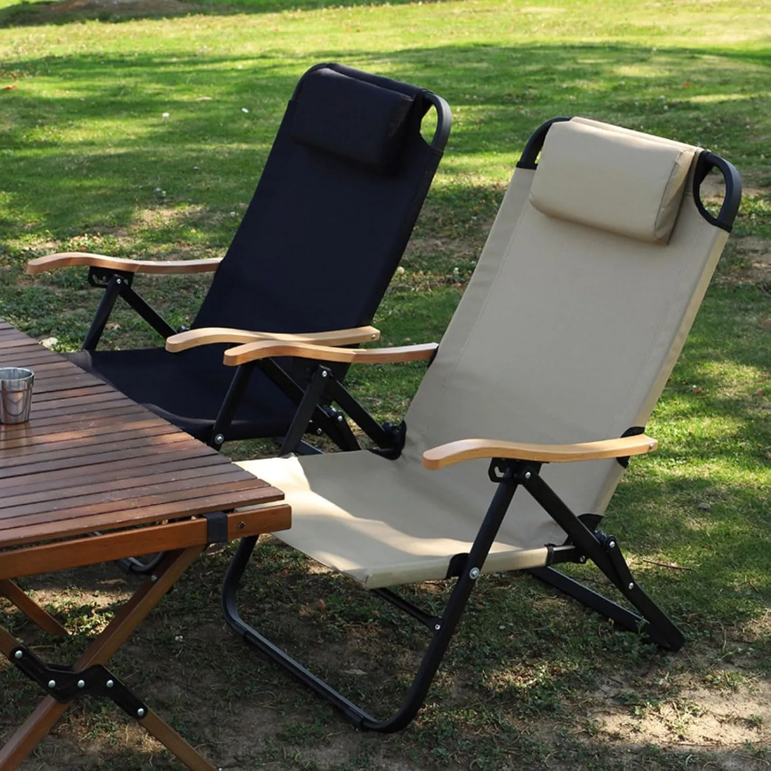 Camping Reclining Chairs High Back with Headrest 4-Adjustable Folding Beach Chairs Heavy Duty Support 265LB-Black