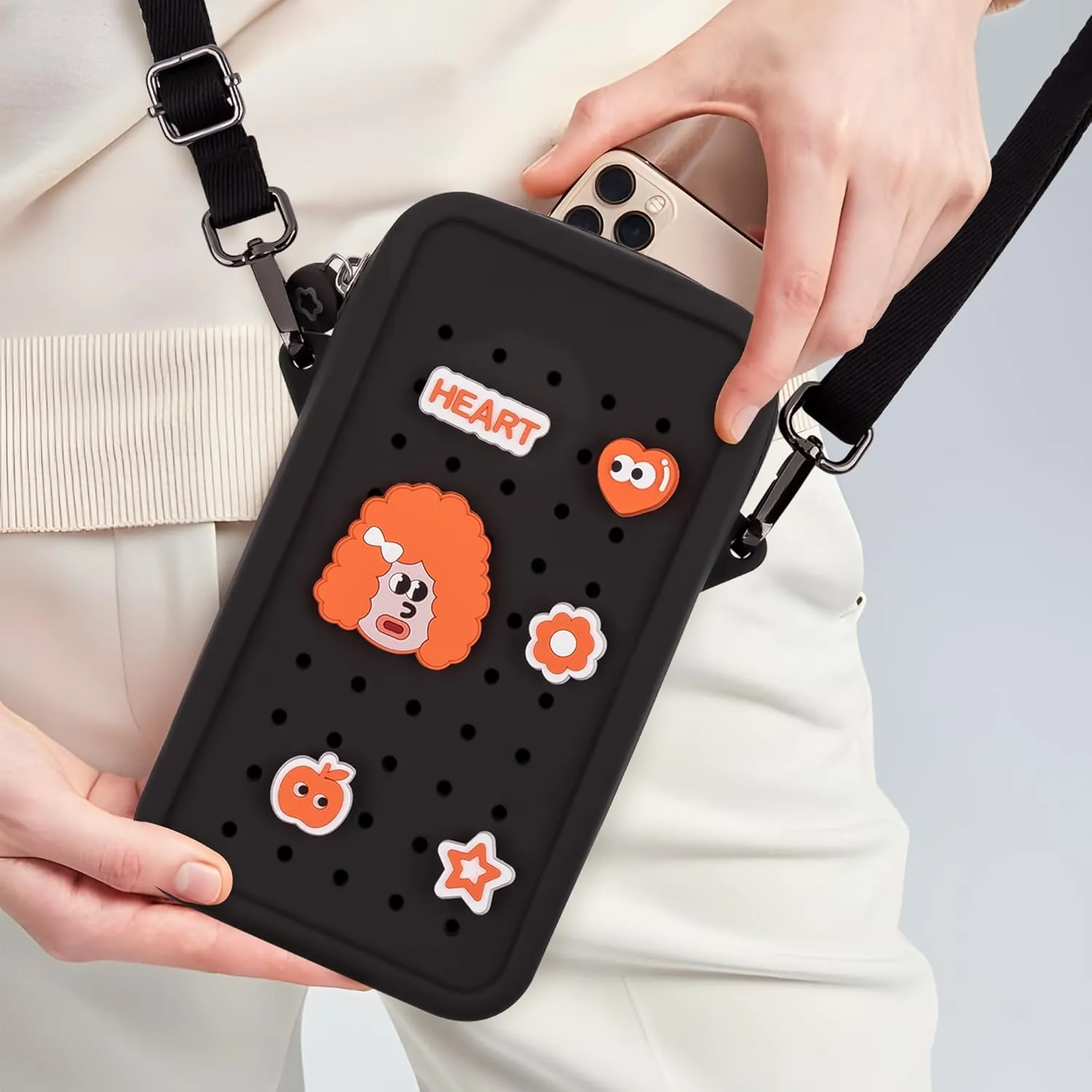 Candy Small Crossbody Bag for Women with Customizable Charm Holes, Compact & Durable with Adjustable Strap, Perfect for Everyday Use (Black)