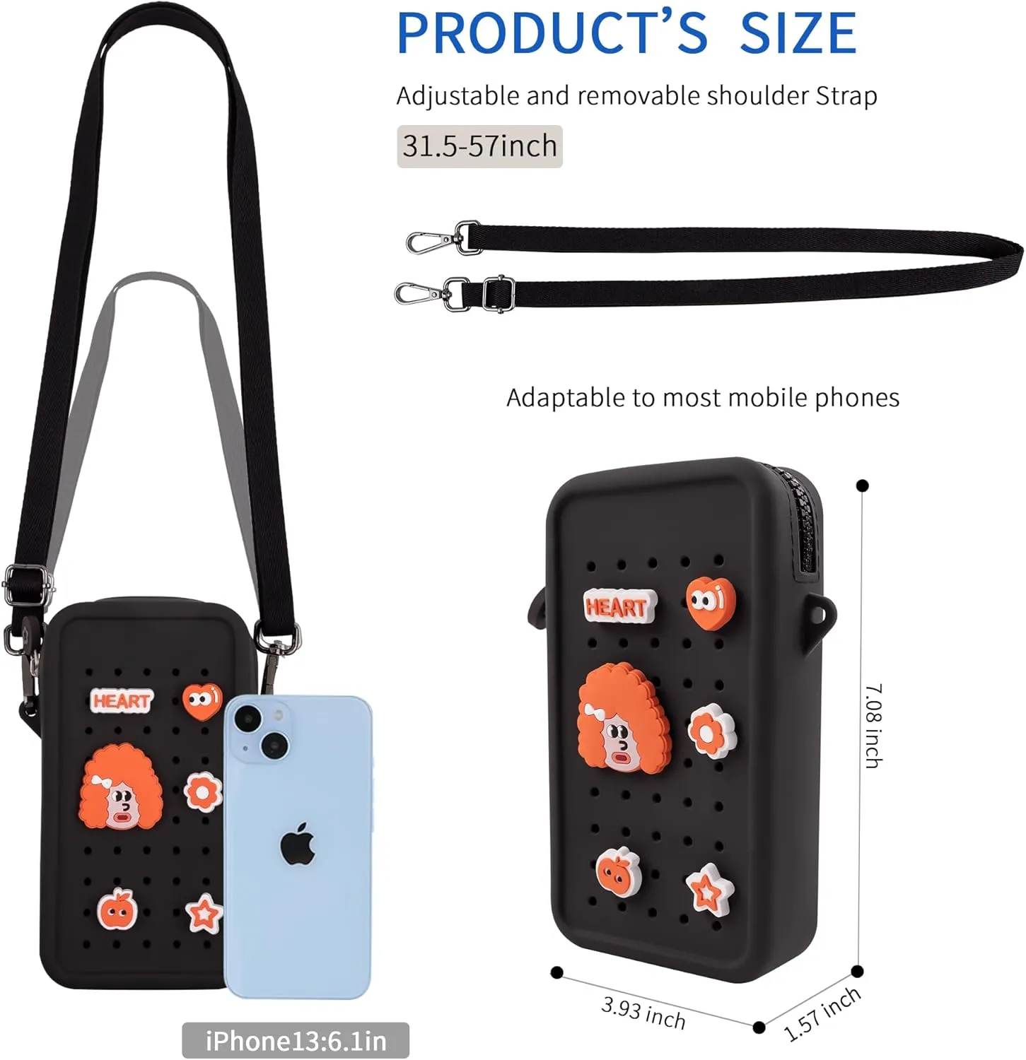 Candy Small Crossbody Bag for Women with Customizable Charm Holes, Compact & Durable with Adjustable Strap, Perfect for Everyday Use (Black)