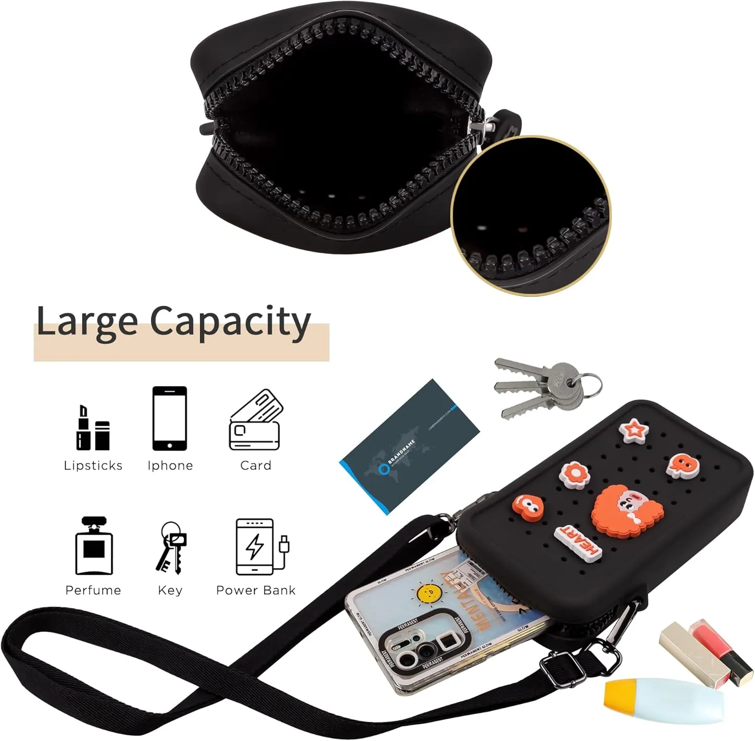 Candy Small Crossbody Bag for Women with Customizable Charm Holes, Compact & Durable with Adjustable Strap, Perfect for Everyday Use (Black)