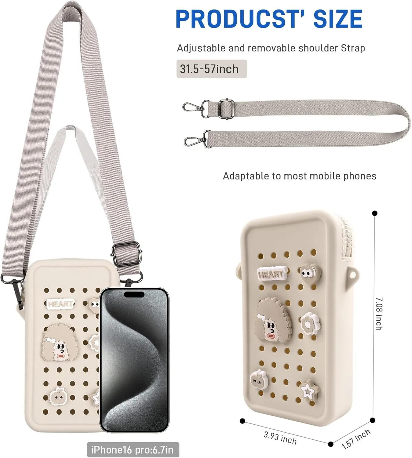 CANDY Small Crossbody Bag with Wide Shoulder Strap and Larger Holes for Charms – Adjustable, Stylish, and Comfortable Everyday Bag (Beige)