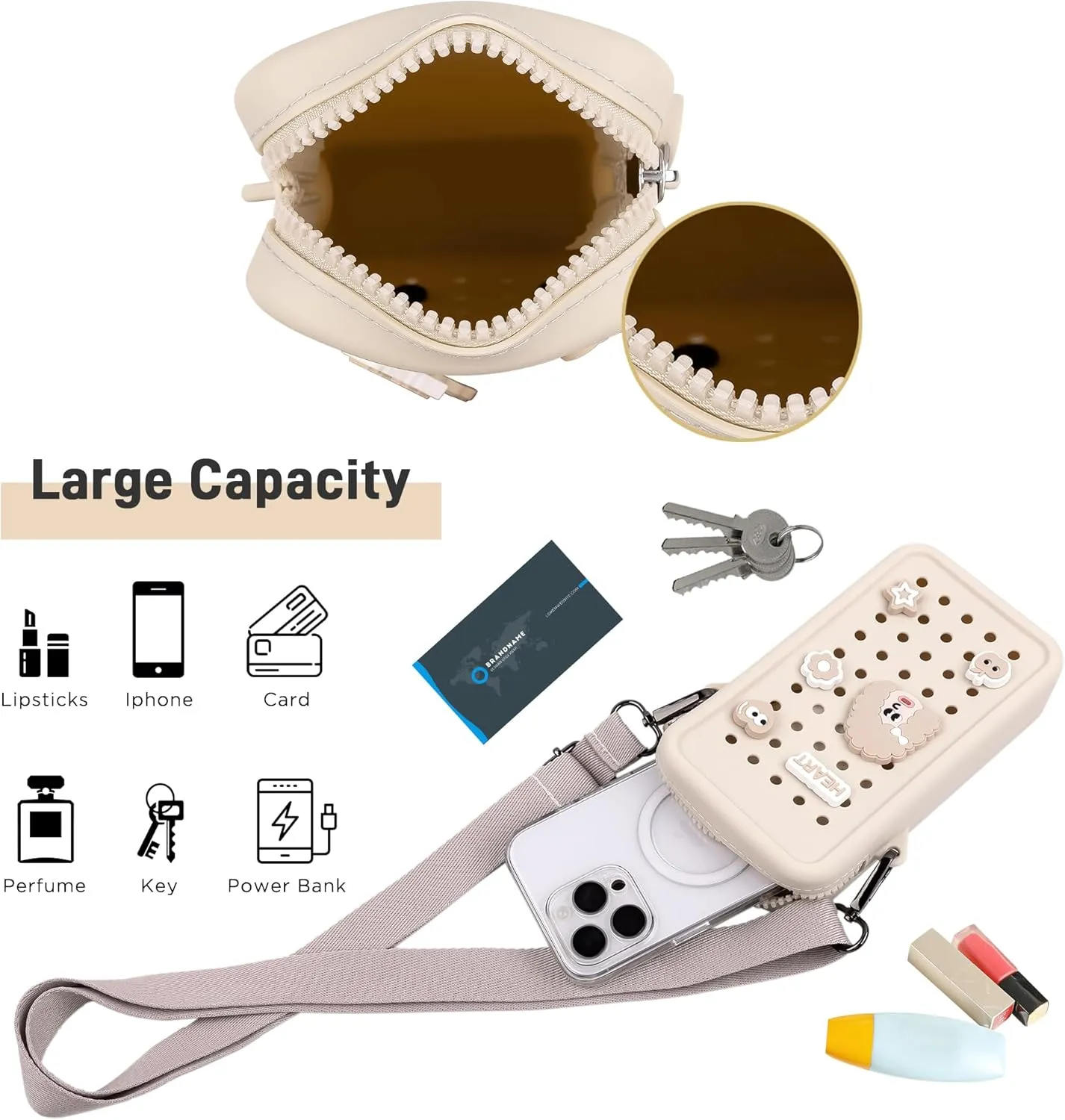 CANDY Small Crossbody Bag with Wide Shoulder Strap and Larger Holes for Charms – Adjustable, Stylish, and Comfortable Everyday Bag (Beige)