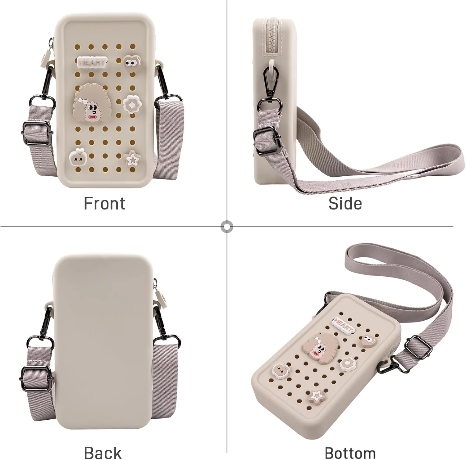 CANDY Small Crossbody Bag with Wide Shoulder Strap and Larger Holes for Charms – Adjustable, Stylish, and Comfortable Everyday Bag (Beige)
