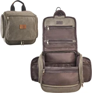 Canvas Toiletry Bag for Men Shaving Dopp Kit Bulk Travel Hanging Makeup Organizer with Sturdy Metal Hook Portable Cosmetic Bag for Women with Large Capacity ArmyGreen
