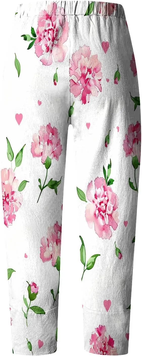 Capris Pants for Women Dressy Casual Baggy Floral Print Sweatpants with Pockets Outdoor Workout Straight Leggings