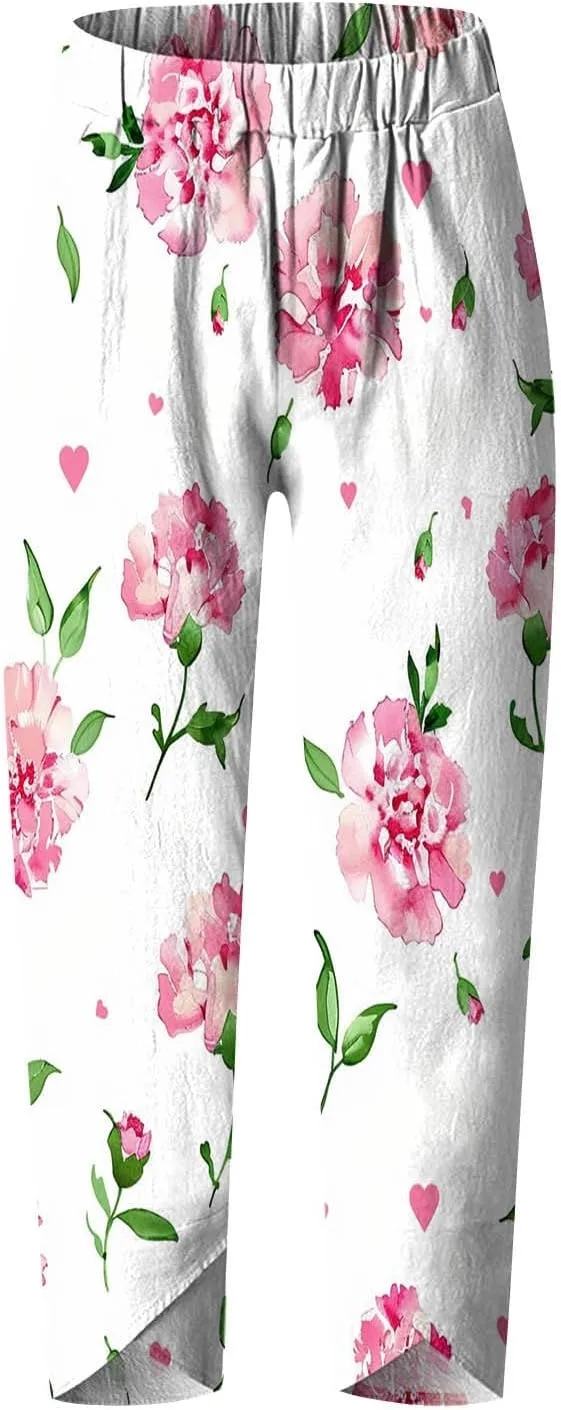 Capris Pants for Women Dressy Casual Baggy Floral Print Sweatpants with Pockets Outdoor Workout Straight Leggings