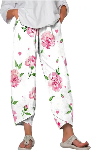 Capris Pants for Women Dressy Casual Baggy Floral Print Sweatpants with Pockets Outdoor Workout Straight Leggings
