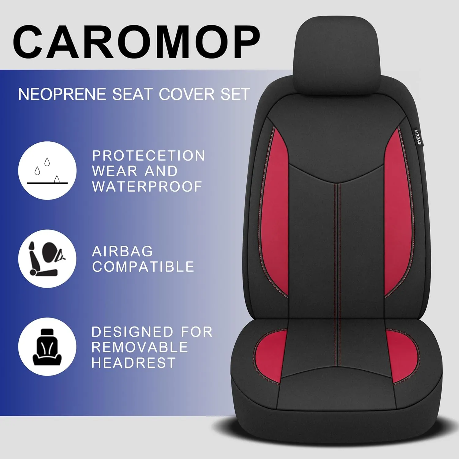CAROMOP Waterproof Car Seat Cover Full Seats, Neoprene Seat Covers for Cars,Split Bench Compatible Car Interior Covers, Universal Fit Most Car Sedan Truck SUV(Black/Red)